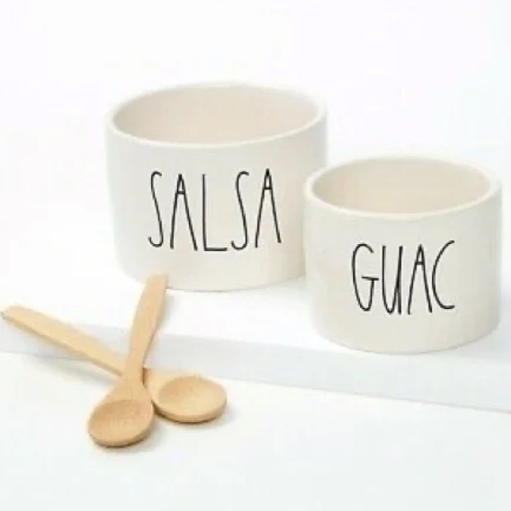 Rae Dunn Salsa and Guac Ceramic Serving Bowl Set with 2 Bamboo Spoons - Picture 3 of 13